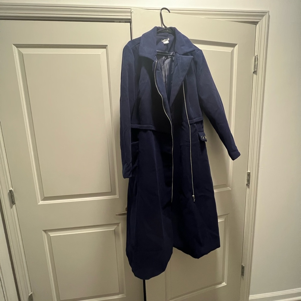 Venus Long Navy Asymmetrical Zip Coat Size 8 (fits like size 12)